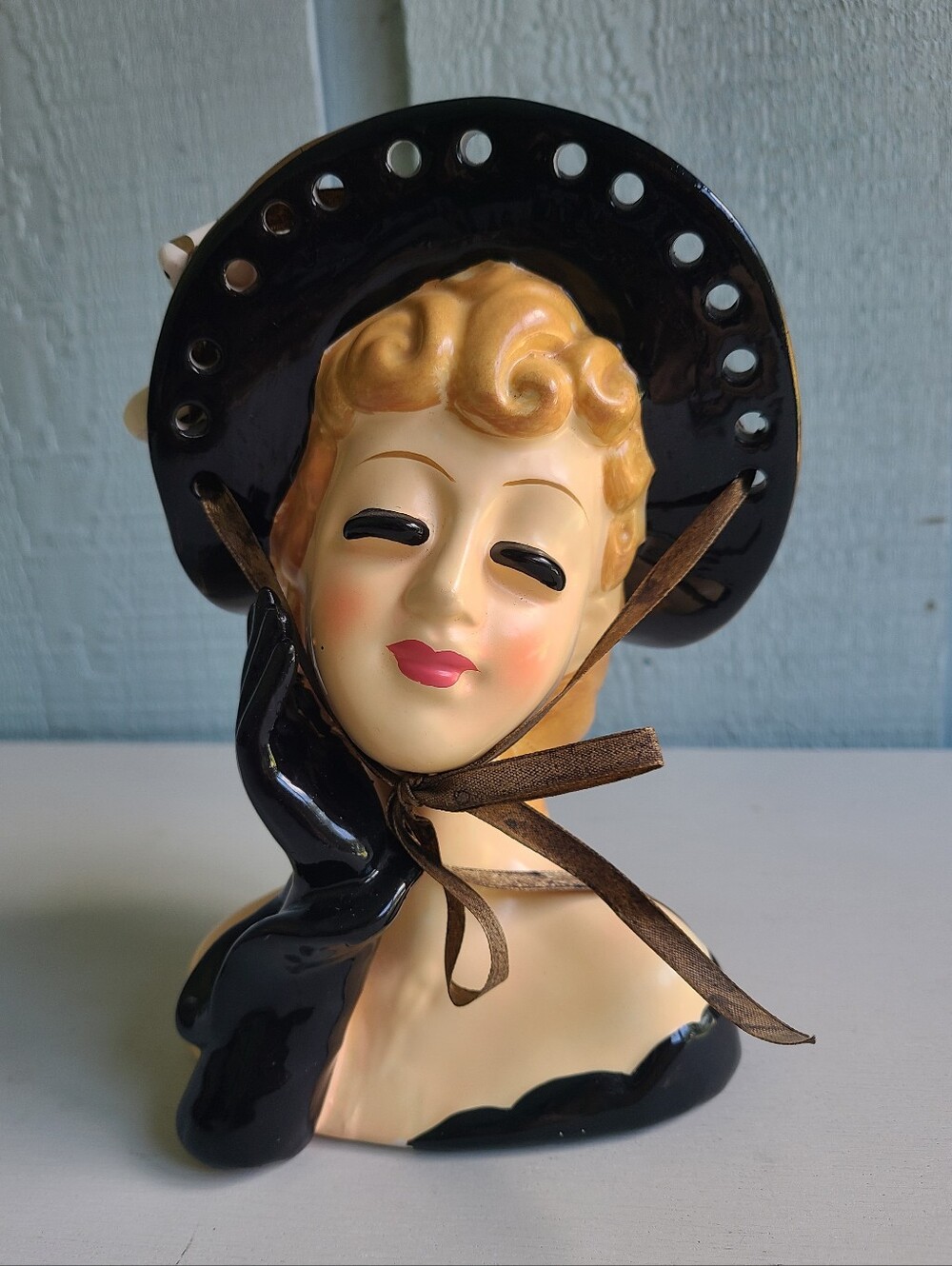 Vintage 1950s Lady Head Vase Black Hat